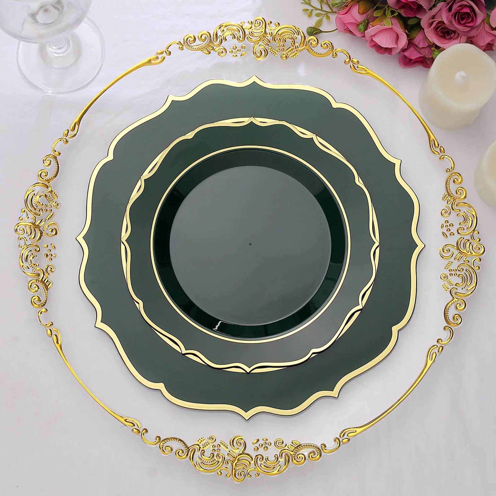 10-Pack Disposable 8-Inch Round Salad Plates in Hunter Green with Gold Scalloped Rim