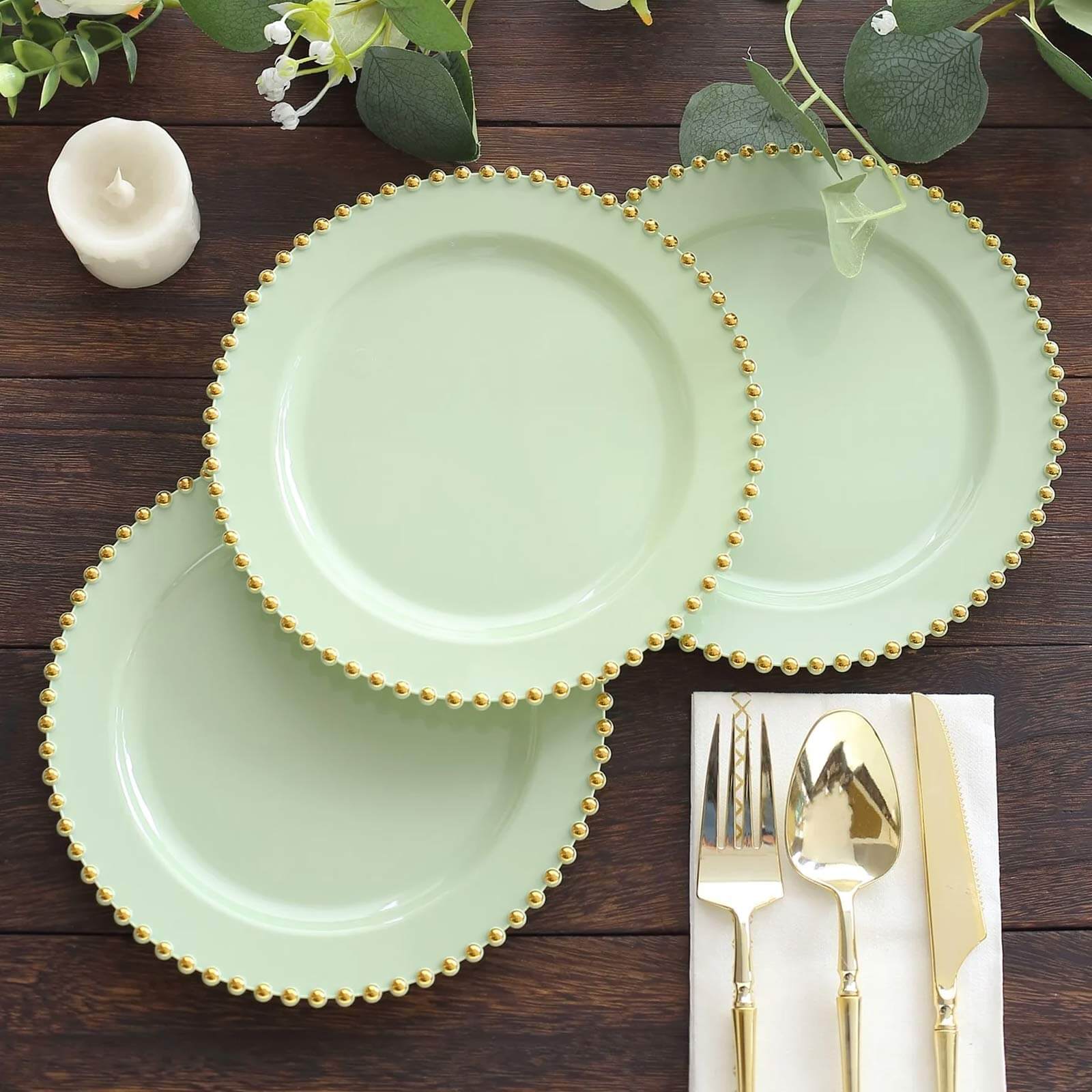 10-Pack Sage Green Plastic Dessert Plates – 8 Round with Gold Beaded Rim, Disposable for Parties & Events