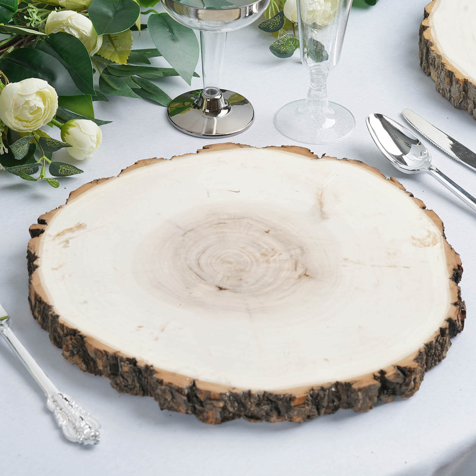 12-Piece Natural Poplar Wood Charger Plates with Bark Edge for Rustic Wedding Tables