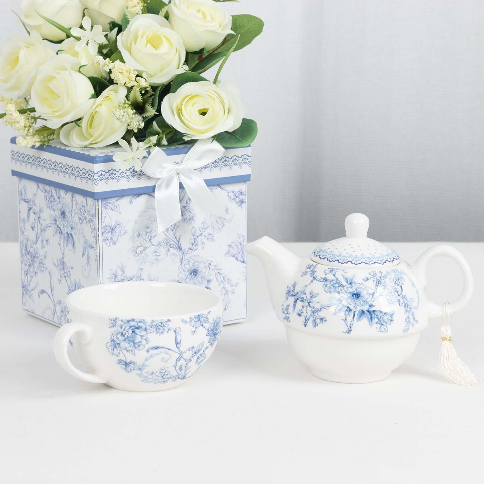 Premium French Toile Porcelain Teapot and Cup Set - Ideal Bridal Shower Gift with Keepsake Box