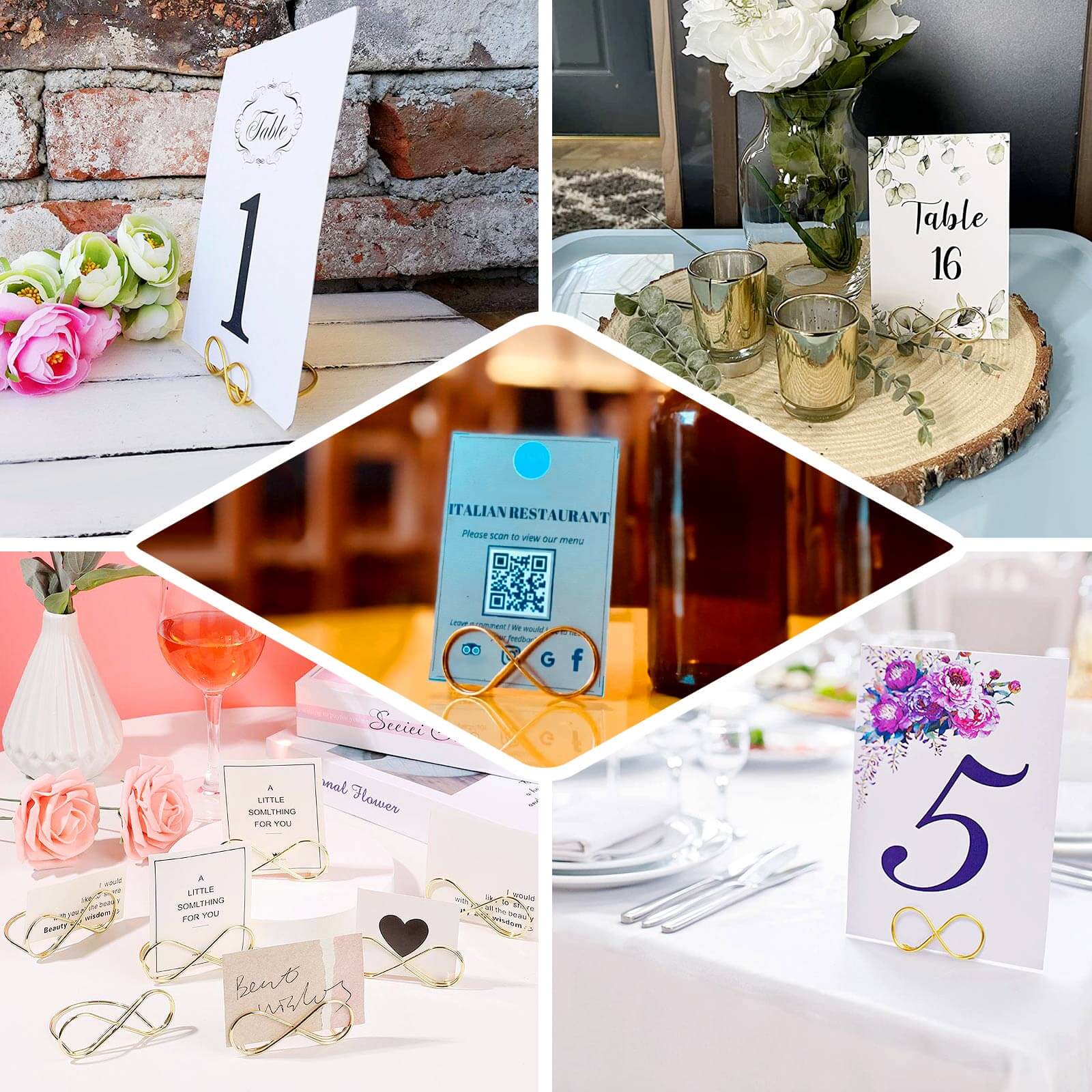 Hot Deal! 10-Pack Gold Metal Infinity Design Card Holder Stands for Weddings and Events