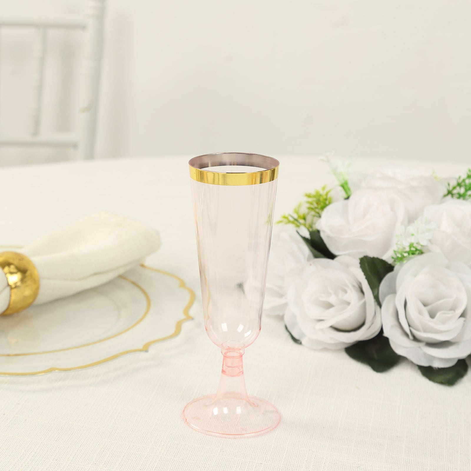 12-Pack Disposable 5oz Transparent Blush Plastic Champagne Flutes with Gold Rim for Parties