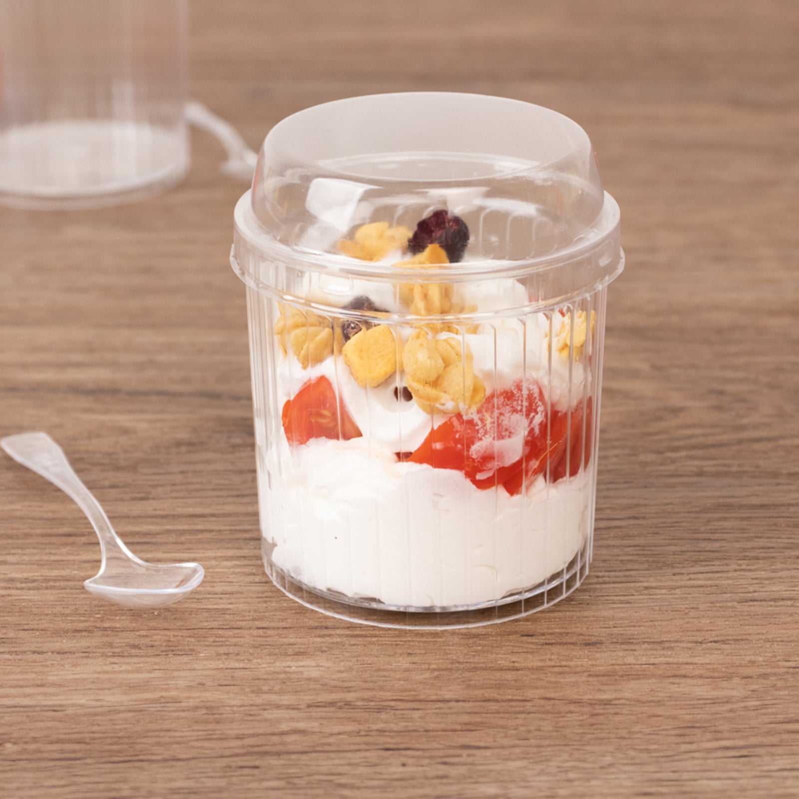 24-Pack 5oz Clear Ribbed Plastic Fruit Dessert Cups with Lid and Spoon - Ideal for Parfaits, Now Available!