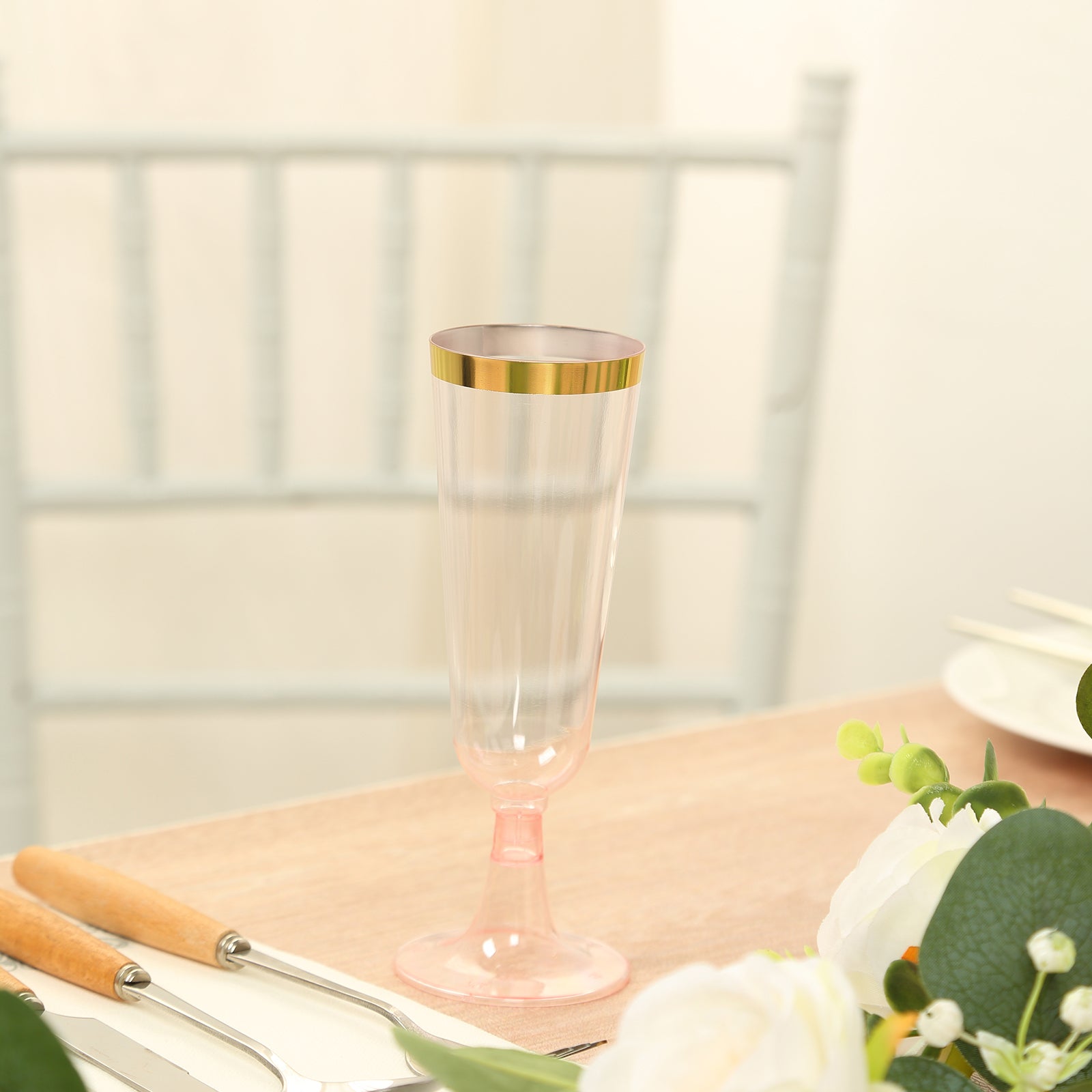 12-Pack Disposable 5oz Transparent Blush Plastic Champagne Flutes with Gold Rim for Parties