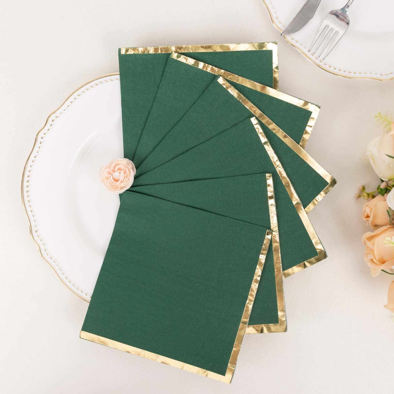 50-Piece Disposable 2-Ply Hunter Emerald Green Paper Cocktail Napkins with Gold Foil Edge, 6.5x6.5