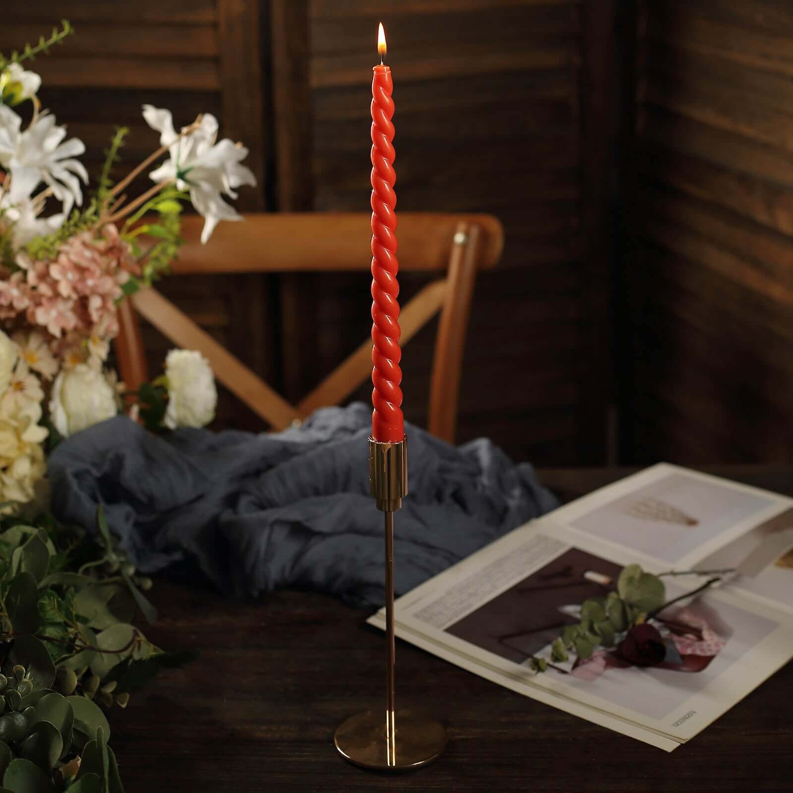 Premium 12-Pack Unscented Terracotta (Rust) Spiral Taper Dinner Candles, 11.25