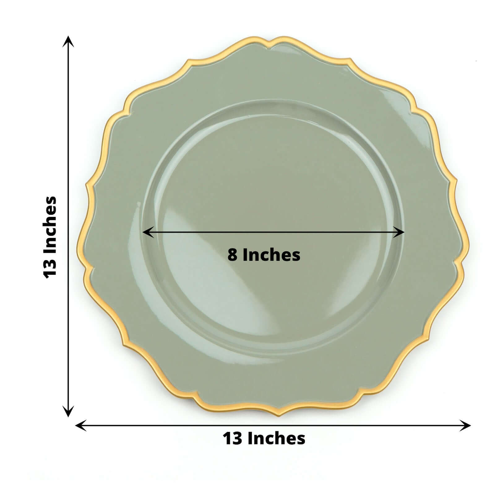 6-Piece Set of 13-Inch Dusty Sage Green Acrylic Charger Plates with Gold Scalloped Edges