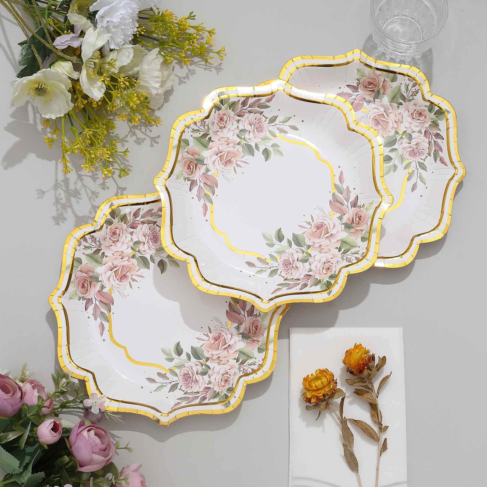 25-Pack Disposable 8-Inch White Floral Gold-Scalloped Dessert Plates for Events