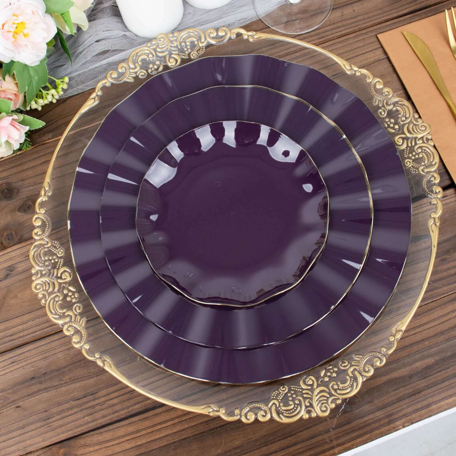 10-Piece Set of Disposable Purple Plastic Dinner Plates with Gold Ruffled Edging - Ideal for Events