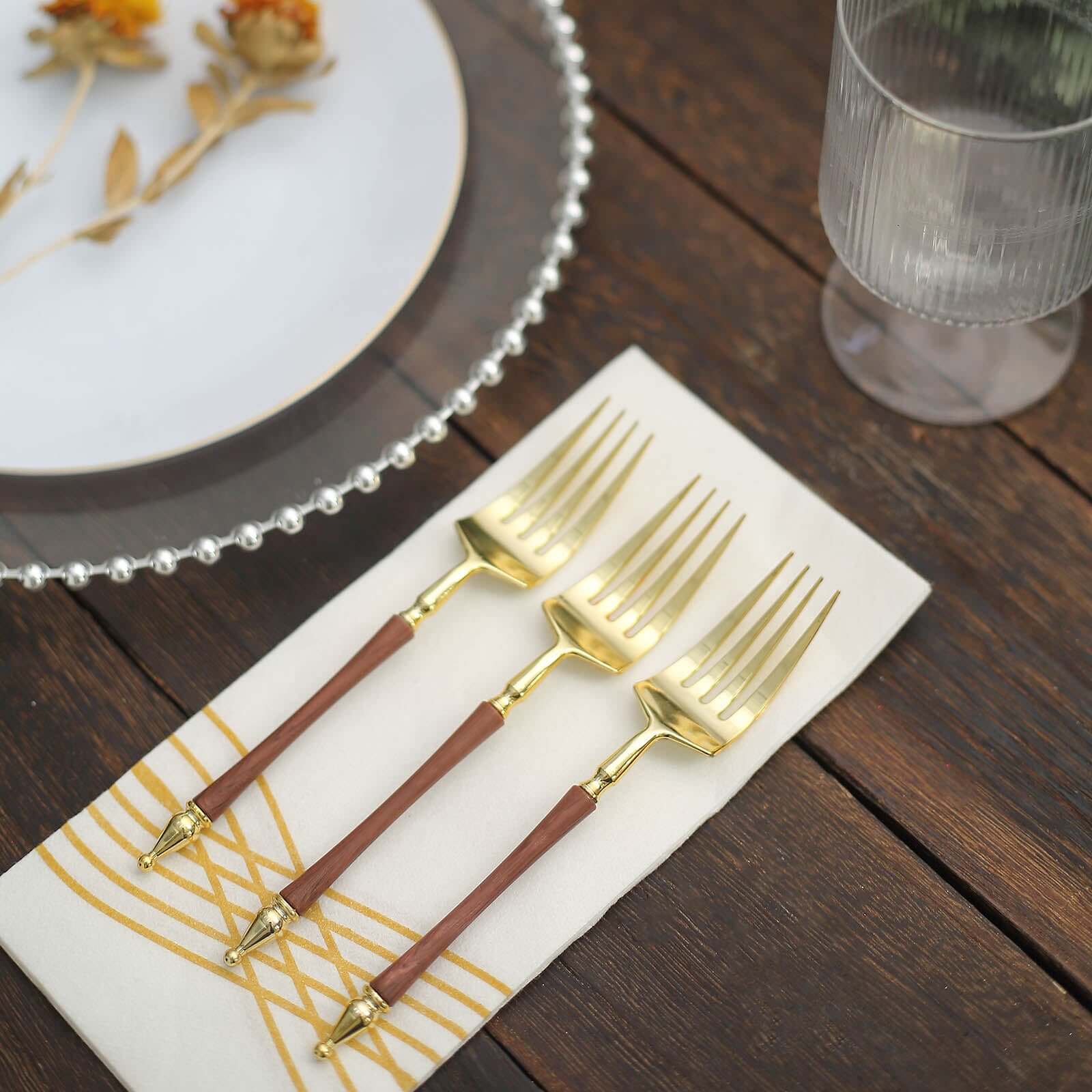 24-Pack Gold/Brown European-Style Disposable Dessert Forks with Roman Column Handles