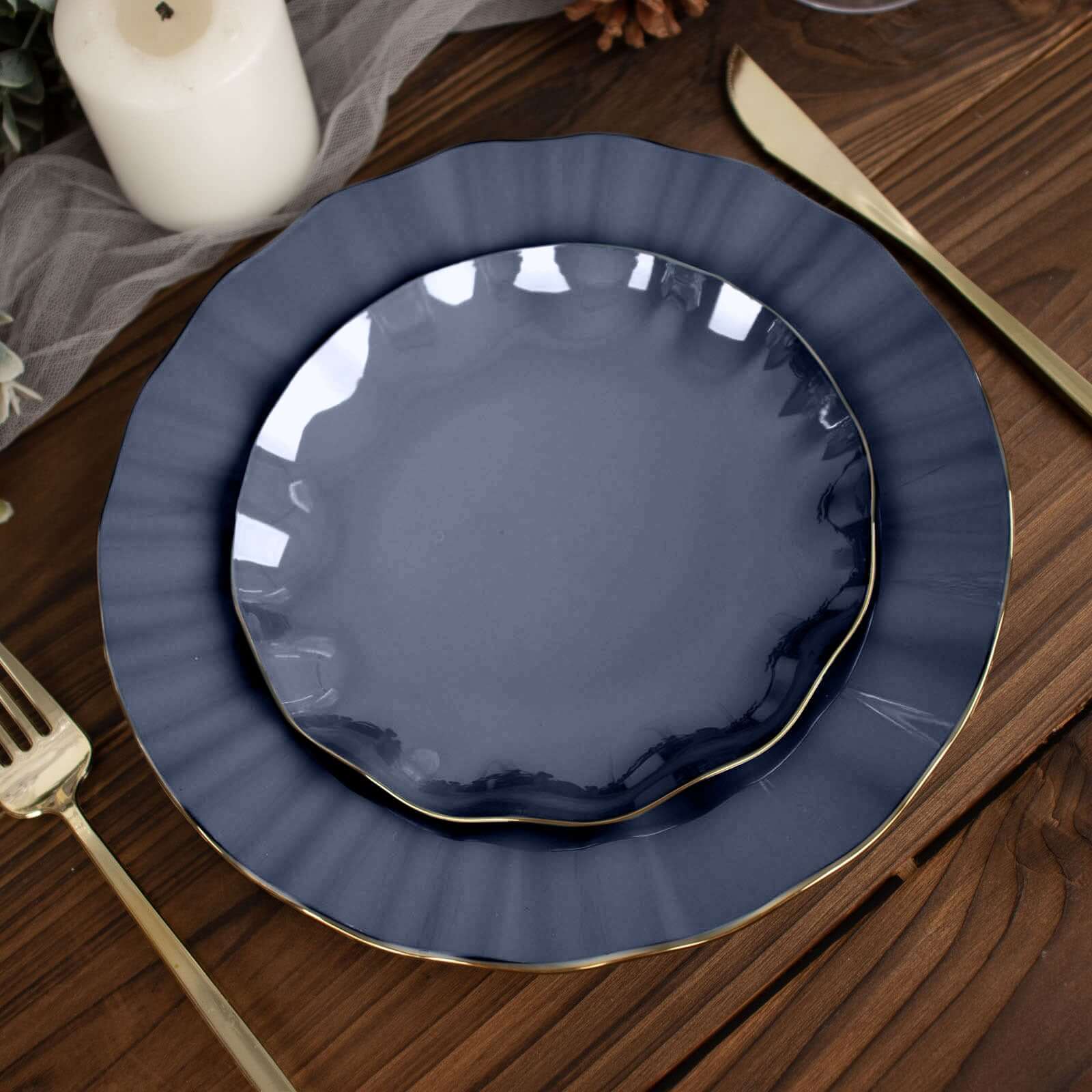 Great Deal! 10-Pack Navy Blue Plastic Round Dessert Plates with Ruffled Rim and Gold Edging