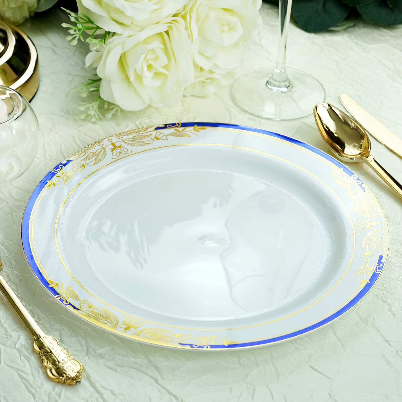 10-Pack Disposable White Dinner Plates with Royal Blue Rim and Gold Vine Design for Special Events