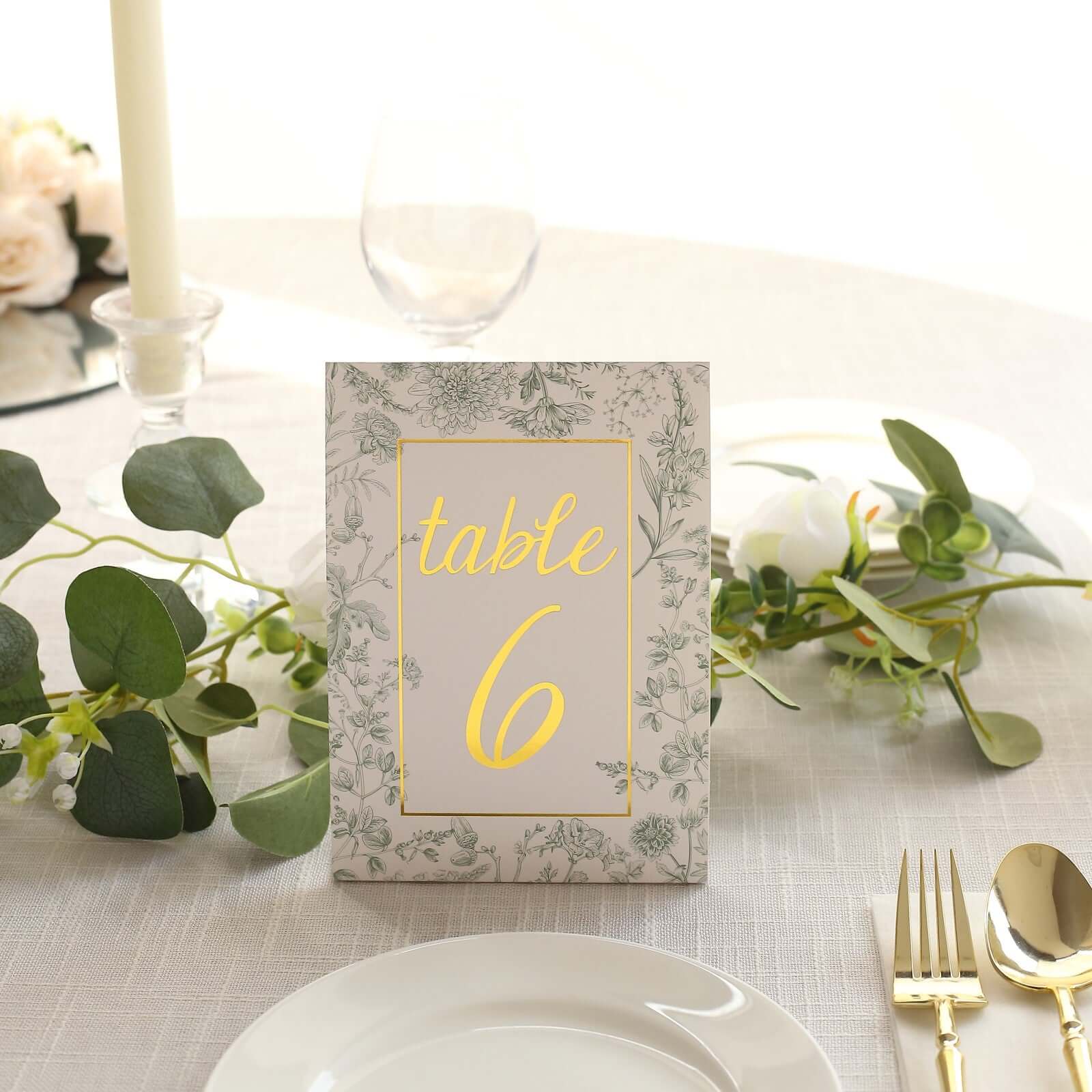 25-Pack Wedding Table Numbers 1 - 25: White/Sage Green French Toile Design with Gold Foil, Free Standing Double Sided Signs