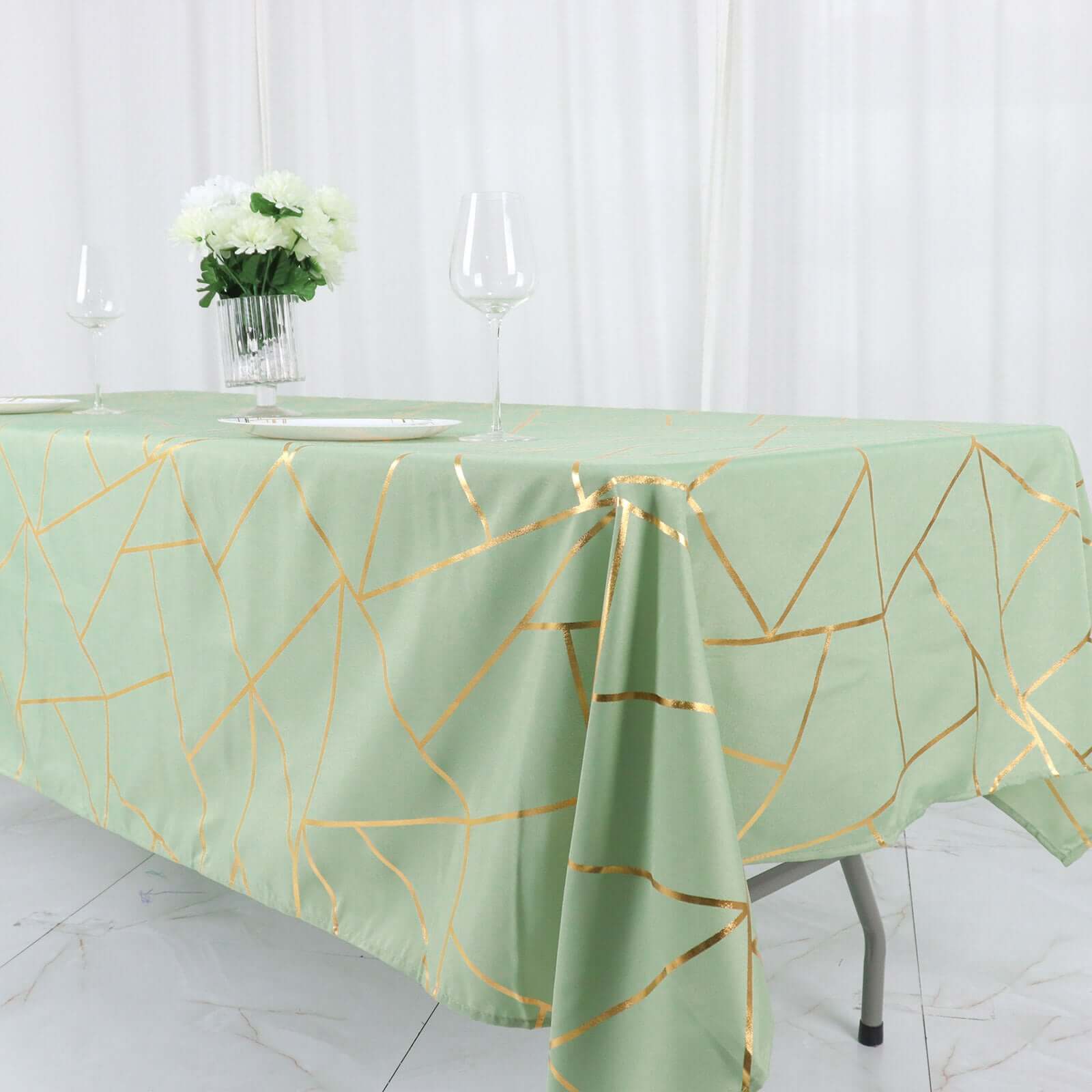 Hot Sale! Wrinkle-Resistant & Durable Polyester Rectangle Tablecloth in Sage Green with Gold Foil Geometric Design (60x102)