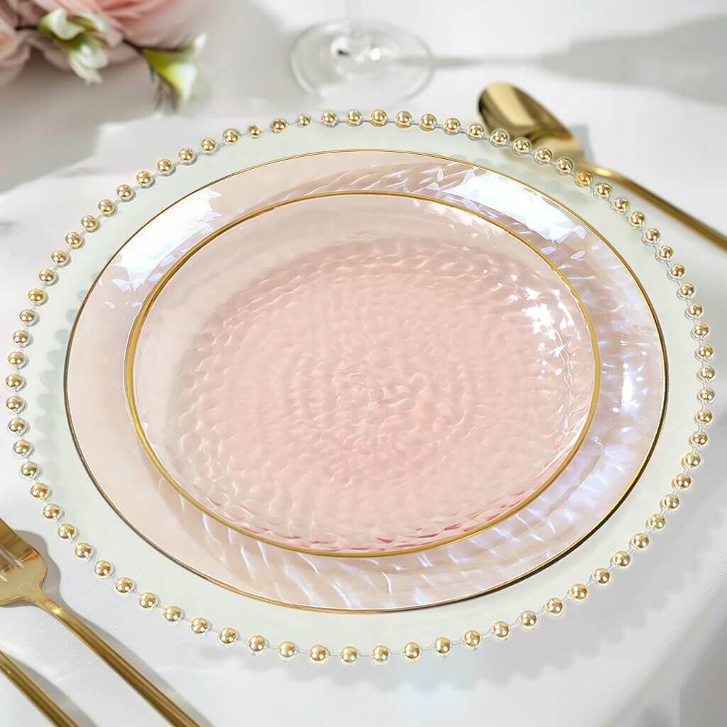 10-Pack Transparent Blush Hammered Plastic Round Dessert Plates with Gold Rim - Disposable & Modern