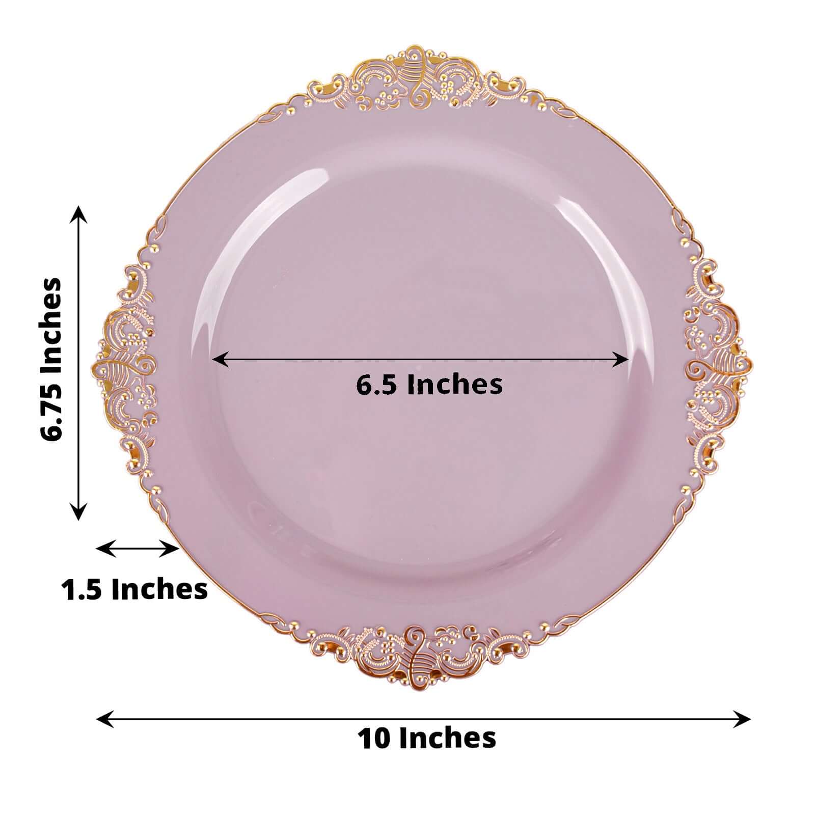 Hot Deal! 10-Pack Disposable Plastic Round Dinner Plates in Lavender Lilac with Gold Leaf Embossed Rim, Vintage Baroque Style
