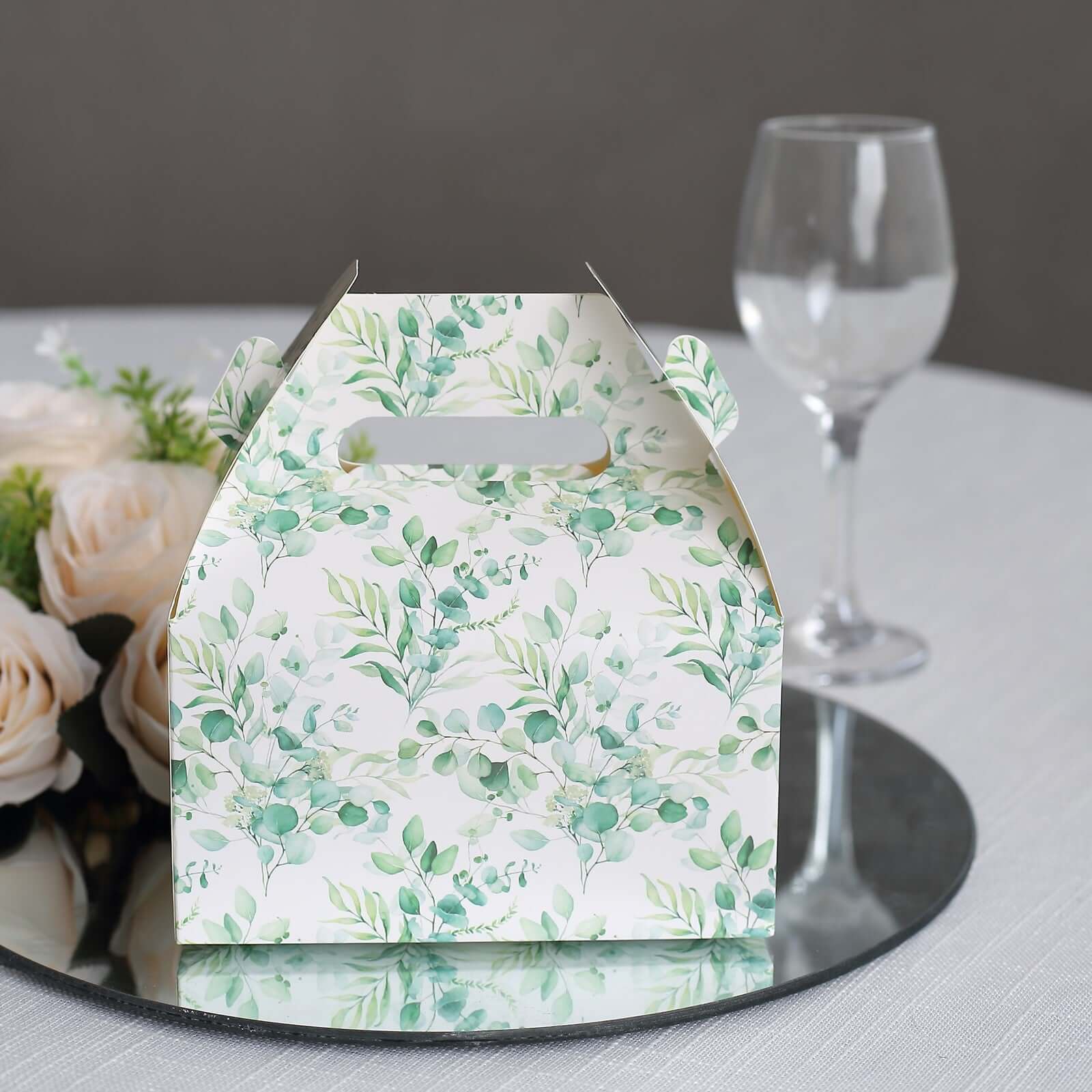 25-Pack White and Green Eucalyptus Leaves Printed Tote Gable Party Favor Boxes, 6x3.5x7