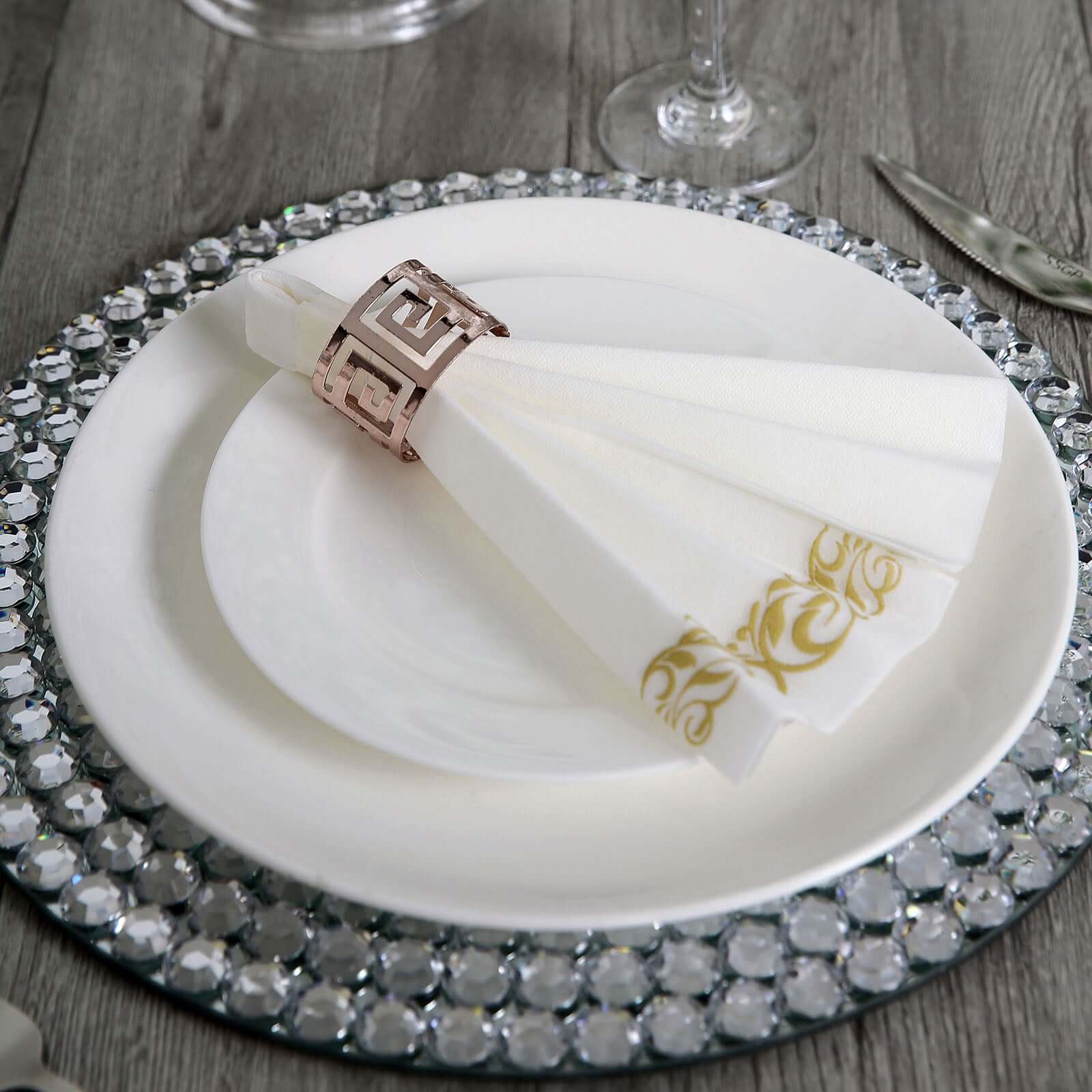 25-Pack Premium White Paper Napkins with Metallic Gold Foil Scroll Design - Ideal for Weddings & Events