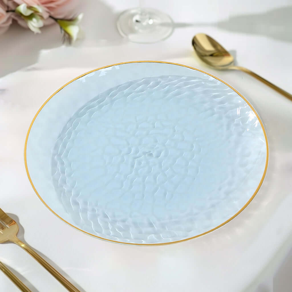 10-Pack 9-Inch Transparent Dusty Blue Hammered Plastic Dinner Plates with Gold Rim - Disposable for Parties