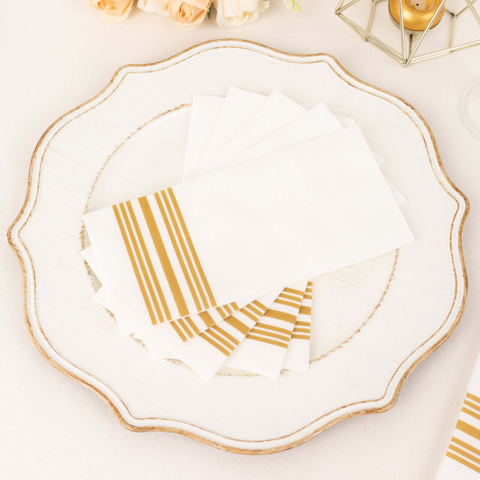 Hot Deal! 20-Pack White Linen-Like Airlaid Napkins with Gold Lines