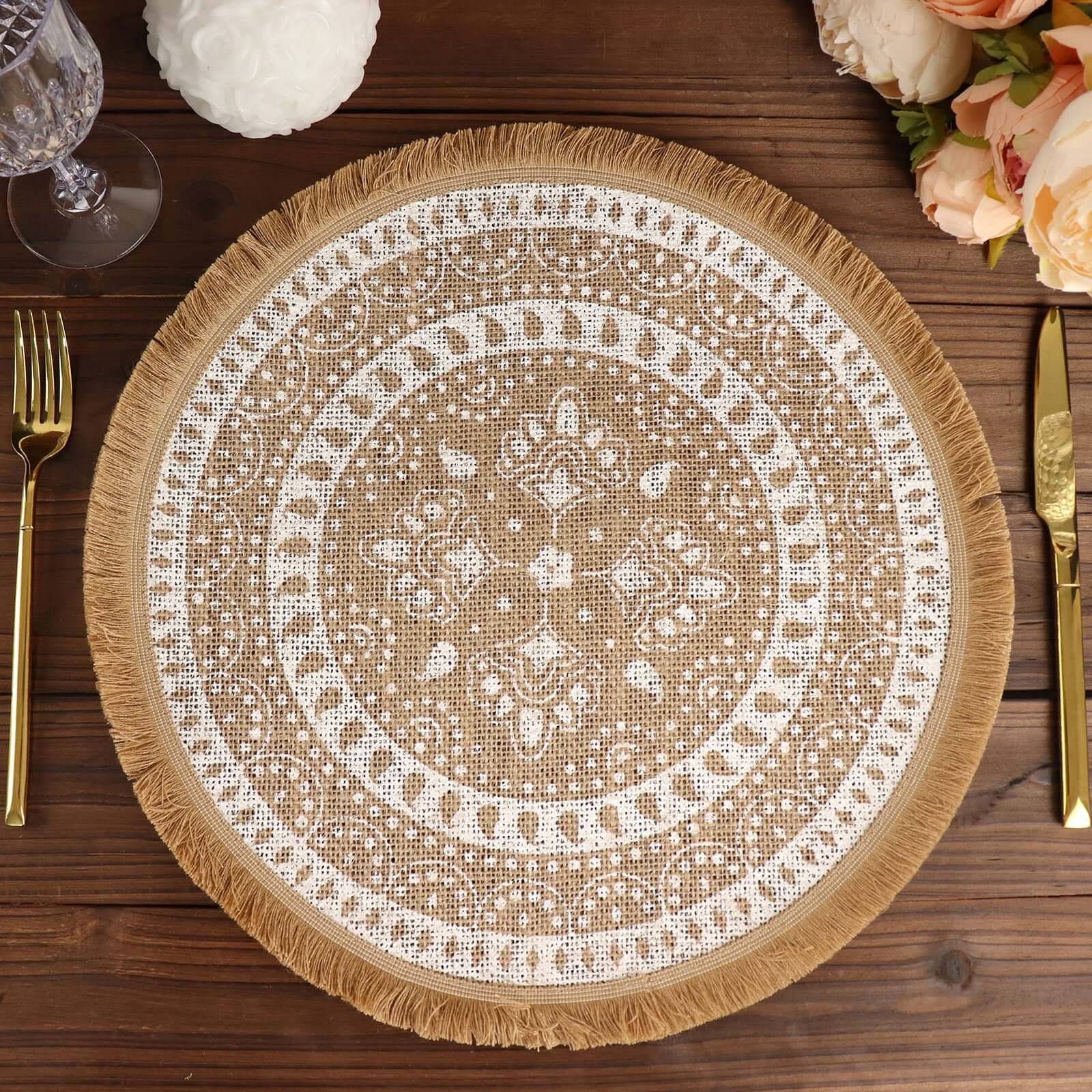 4-Pack Natural Jute and White Round Placemats with Fringe Print - Rustic Style, 15"