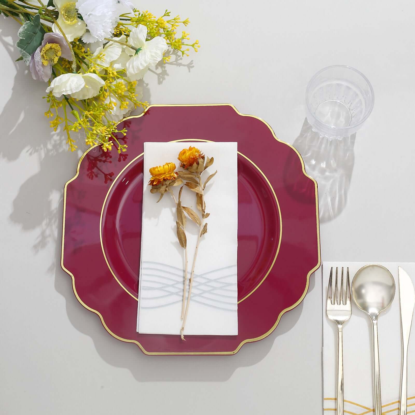 10-Piece Set of Heavy Duty Disposable Burgundy Baroque Dinner Plates with Scalloped Gold Rim
