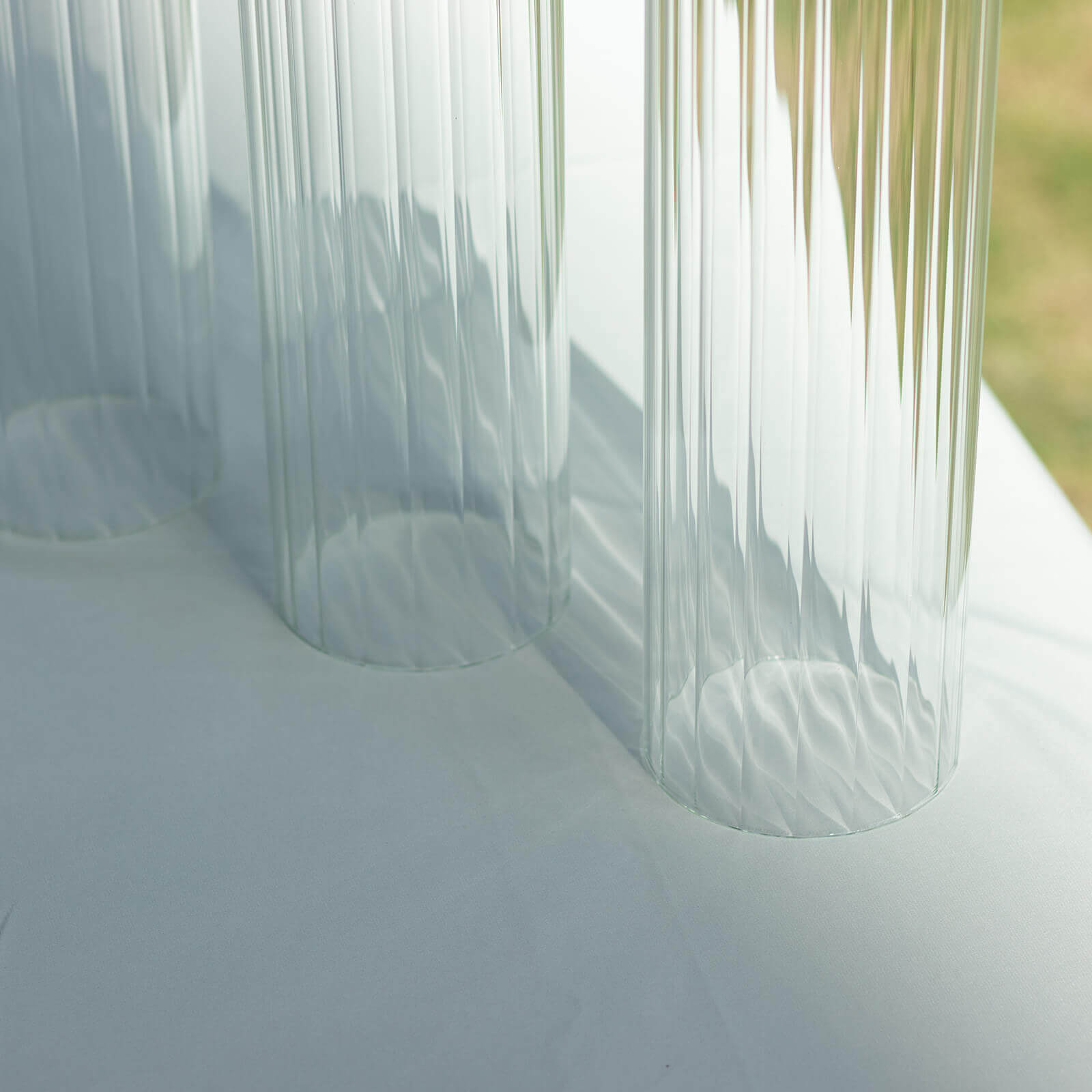 Stylish Set of 3 Clear Ribbed Glass Hurricane Shades for Candles - 15', 17', 19'
