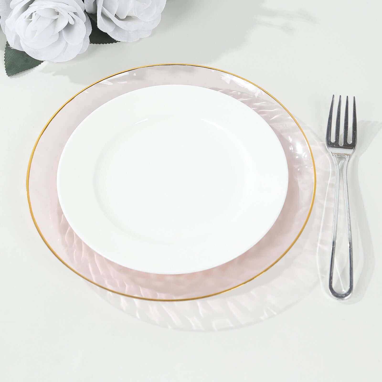 10-Piece Set of 9-Inch Transparent Blush Plastic Dinner Plates with Hammered Gold Rim - Disposable for Parties