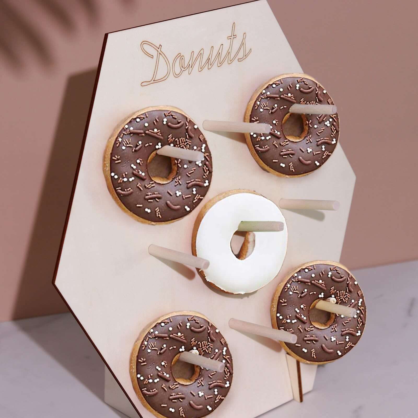 Rustic Detachable Wooden Hexagon Donut Wall Stand for Space-Saving Dessert Display