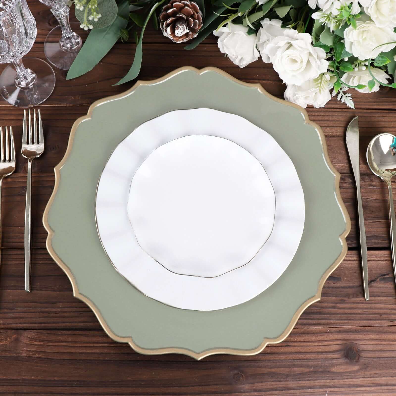 6-Piece Set of 13-Inch Dusty Sage Green Acrylic Charger Plates with Gold Scalloped Edges