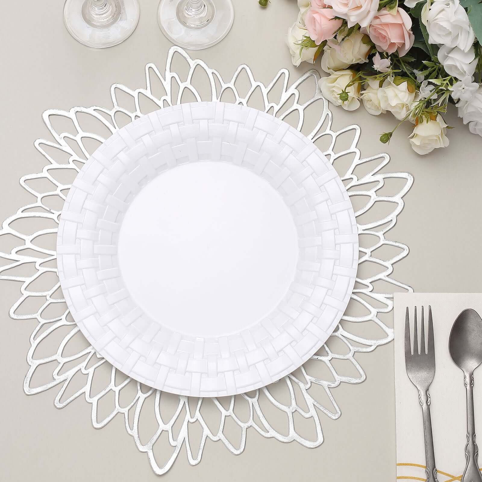 10-Pack Durable Disposable White Basketweave Rim Plastic Dinner Plates, 10"