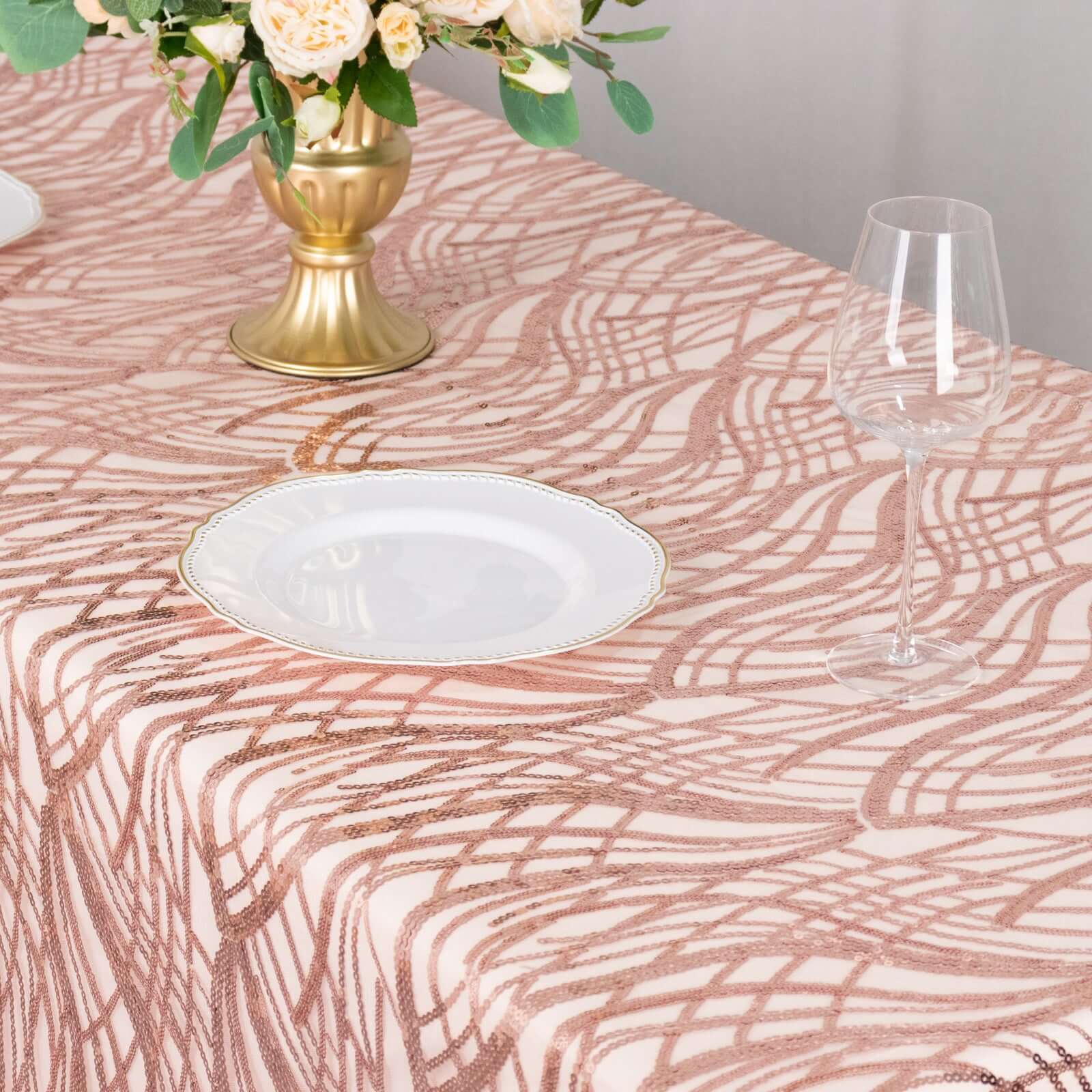 Sparkly Rose Gold Sequin Embroidered Mesh Rectangle Tablecloth (90x156) for Special Events