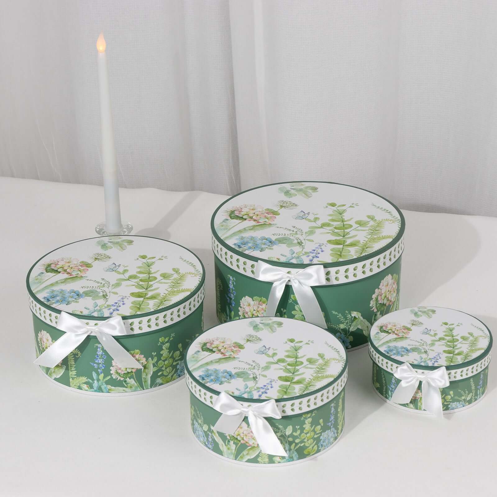 4-Piece Set of Greenery-Themed Cardstock Round Nesting Gift Boxes with Lids