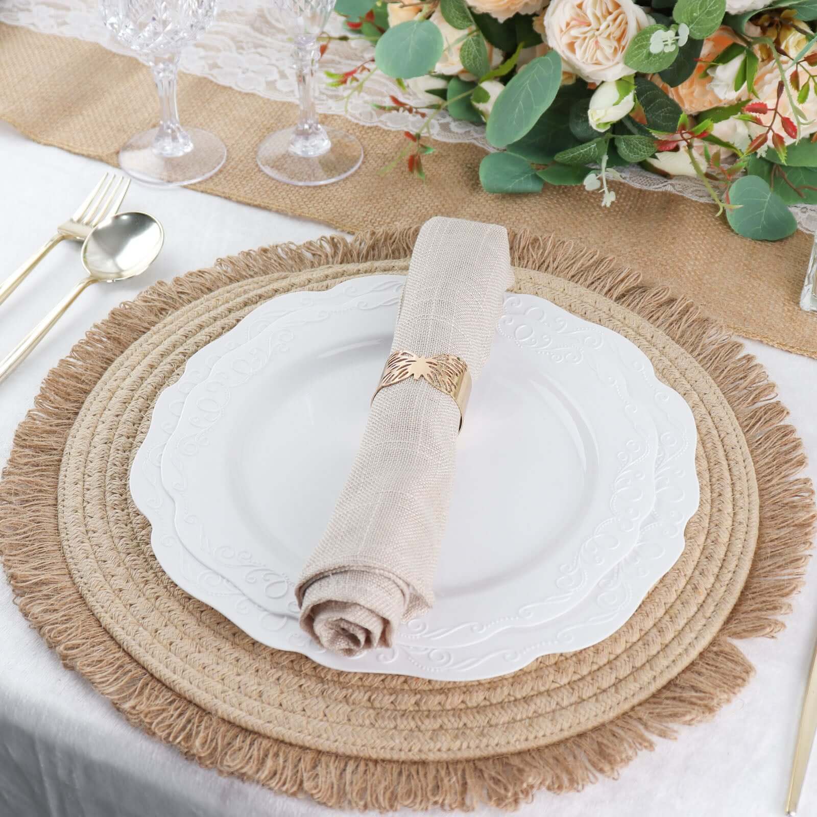 4-Pack Natural Rustic Burlap Jute Round Placemats with Fringed Edge - Farmhouse Style Table Decor