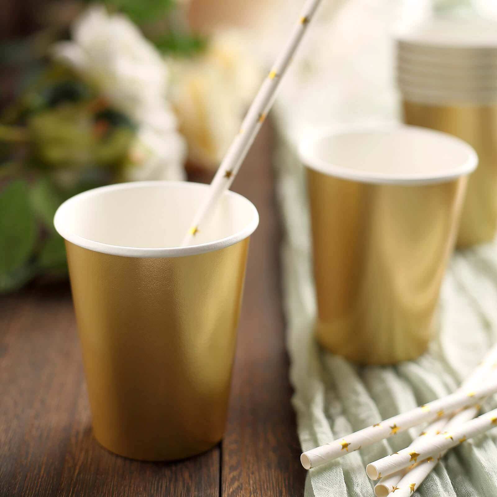 Get 24-Pack 9oz Metallic Gold Disposable Paper Cups for Hot & Cold Drinks