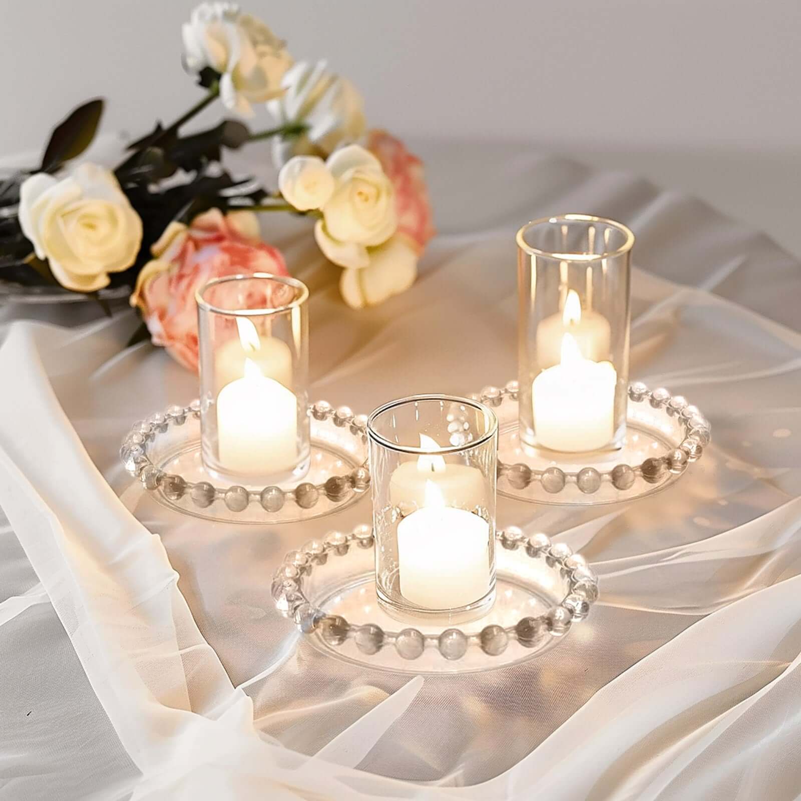 6-Pack Clear Glass Pillar Candle Holder Plates with Beaded Rims - Ideal Small Round Coasters