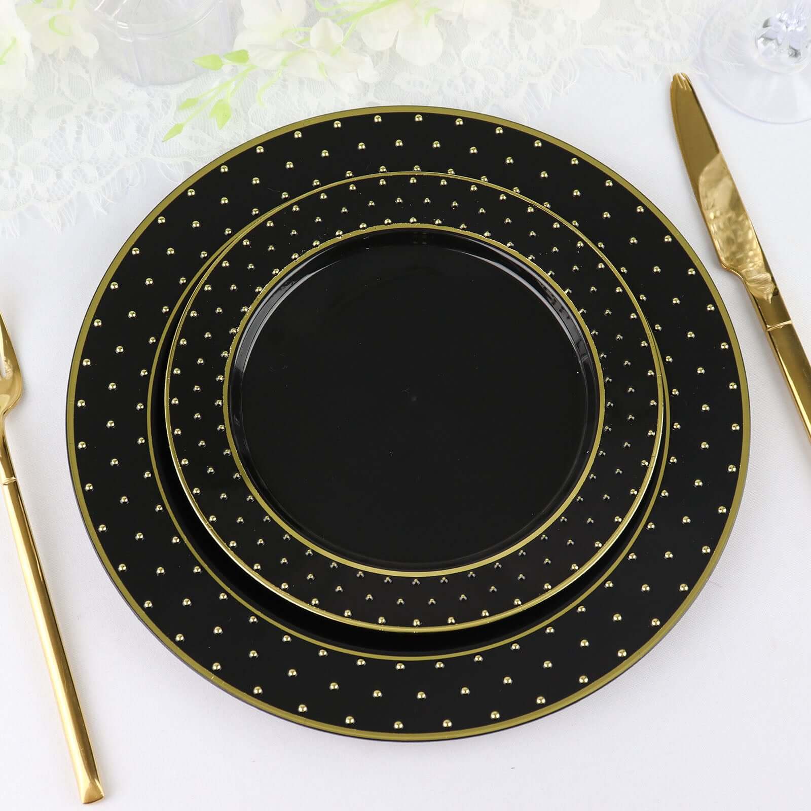 Get 10-Pack Durable Disposable Black Plastic Dessert Plates with Gold 3D Dotted Rim for Events