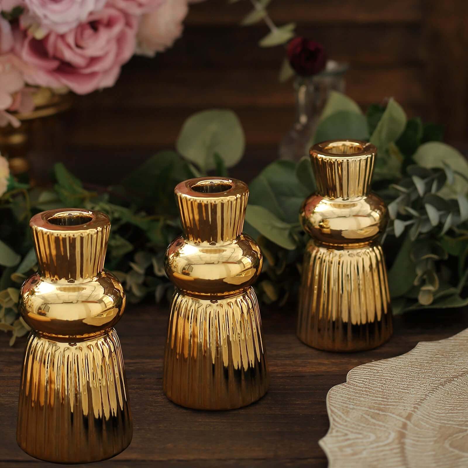 Set of 3 Metallic Gold Ceramic Taper Candle Holders with Fluted Ball Neck Design