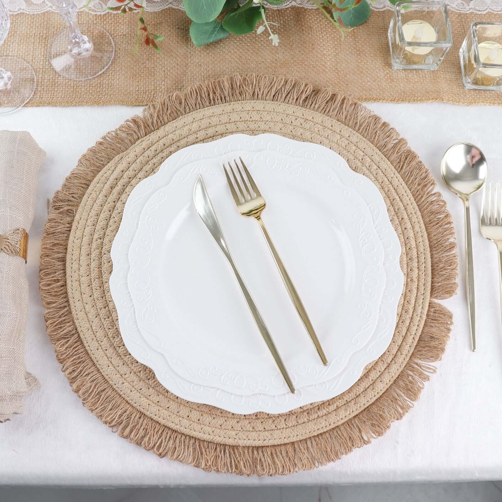 4-Pack Natural Rustic Burlap Jute Round Placemats with Fringed Edge - Farmhouse Style Table Decor