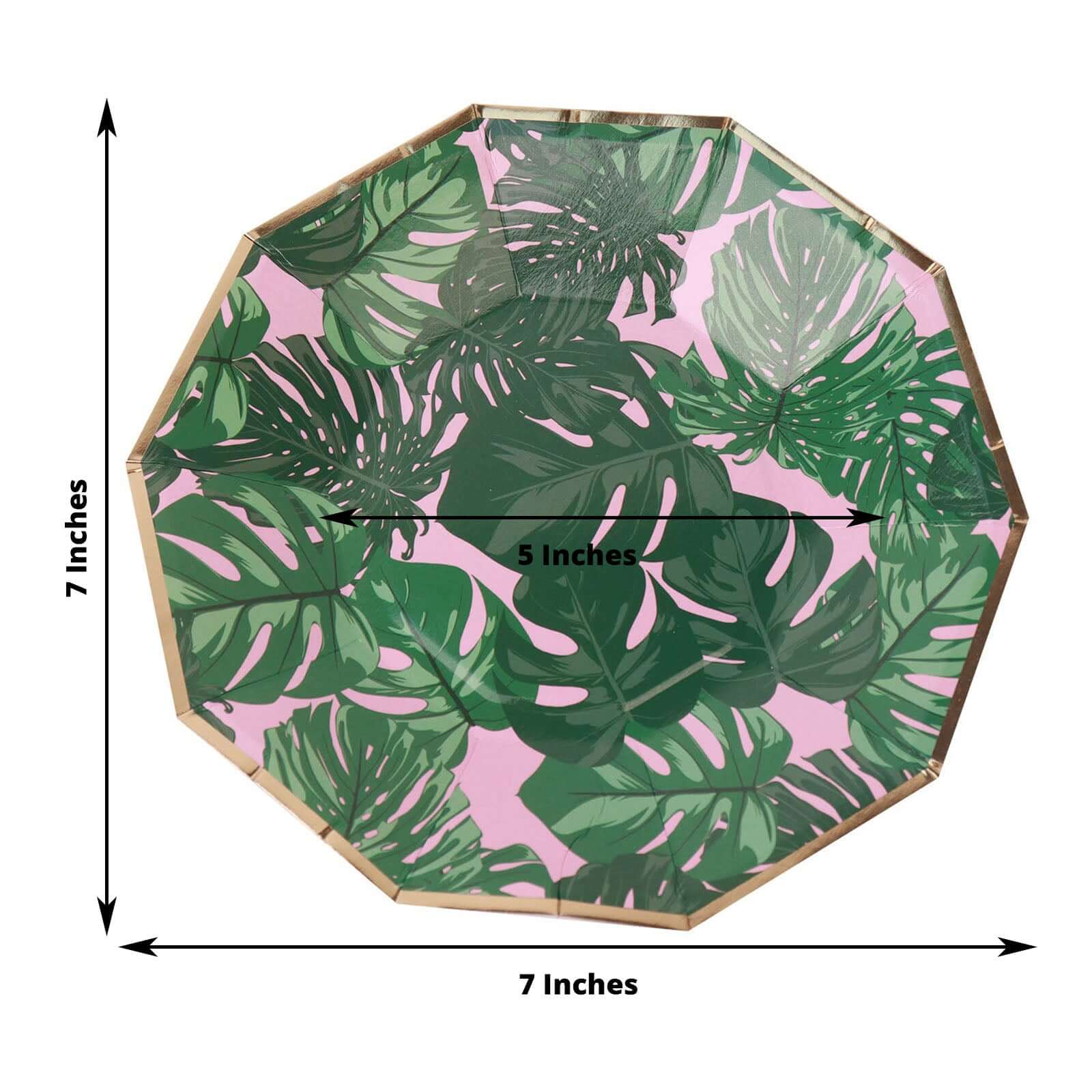 Hot Deal! 25-Pack Disposable 7-Inch Pink Paper Decagon Dessert Plates with Green Tropical Palm Leaves & Gold Rim for Boho & Jungle Events