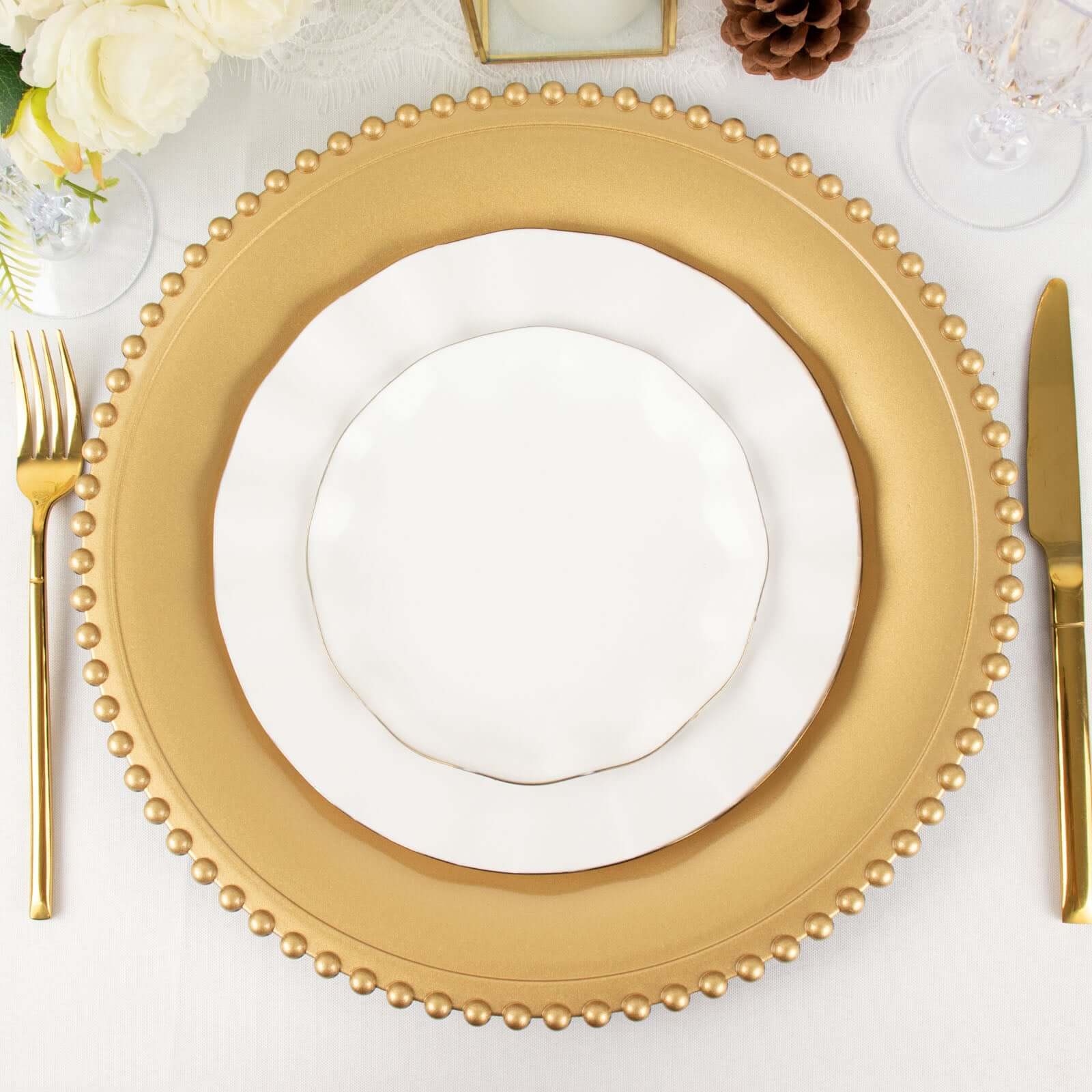 Hot Sale! 6-Pack Gold Acrylic Round Charger Plates with Beaded Rim for Decorative Dinner Parties