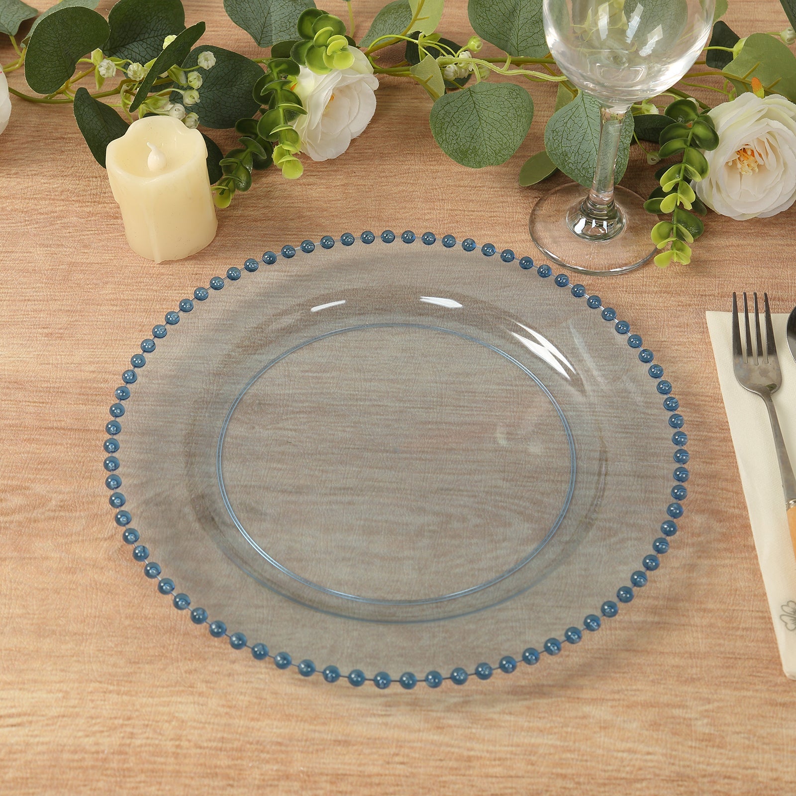 10-Piece Set of Disposable Round Plastic Dinner Plates in Transparent Dusty Blue with Beaded Edge