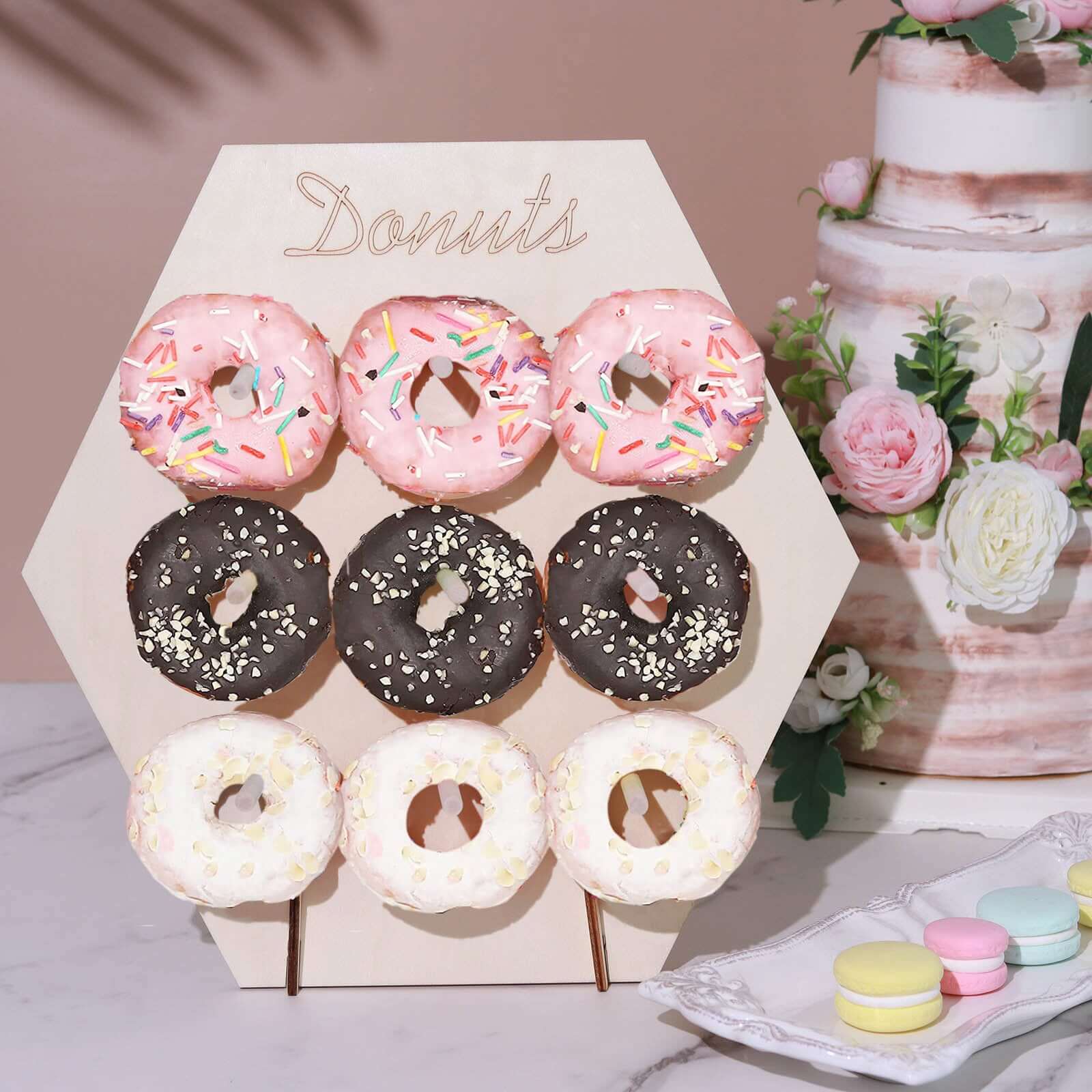 Rustic Detachable Wooden Hexagon Donut Wall Stand for Space-Saving Dessert Display