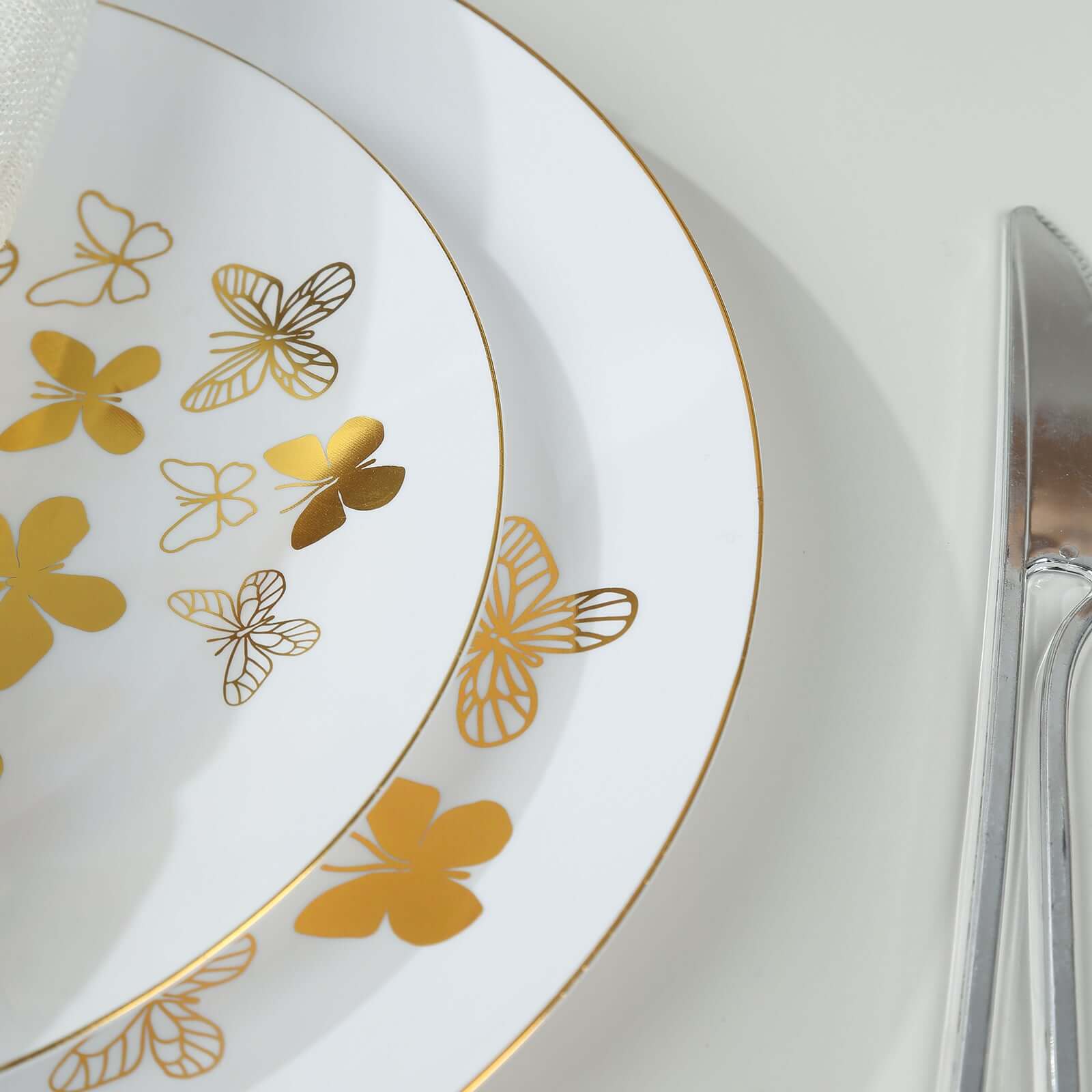 Get 20-Piece White Plastic Dinner & Salad Plates with Gold Butterfly Design & Rim - Ideal for Buffets & Events