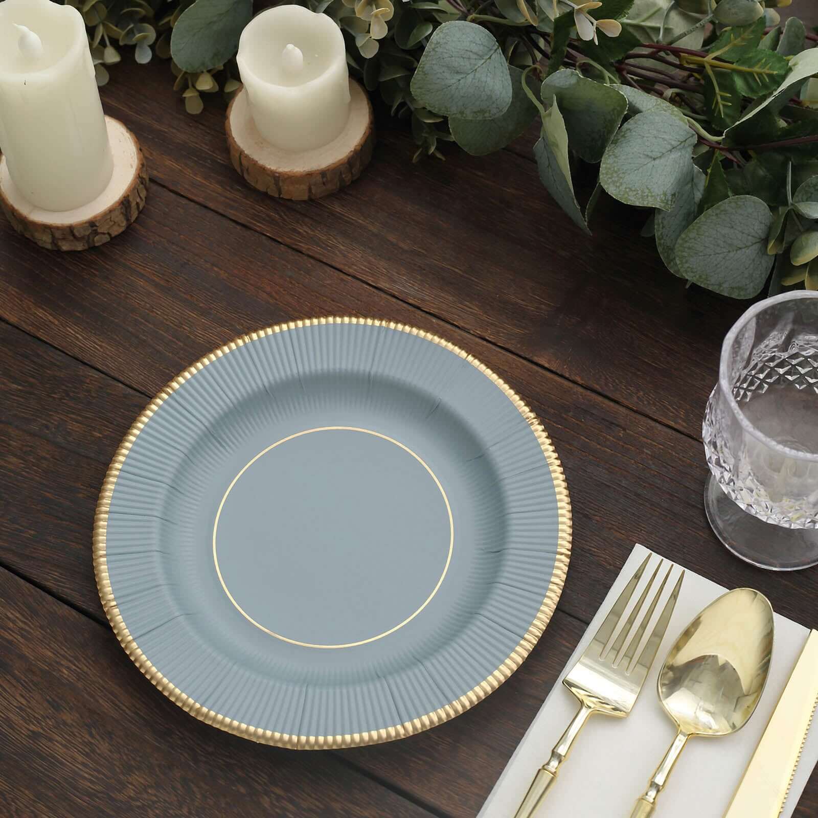 25-Piece Set of 8-Inch Disposable Dusty Blue Sunray Design Paper Dessert Plates with Gold Rim