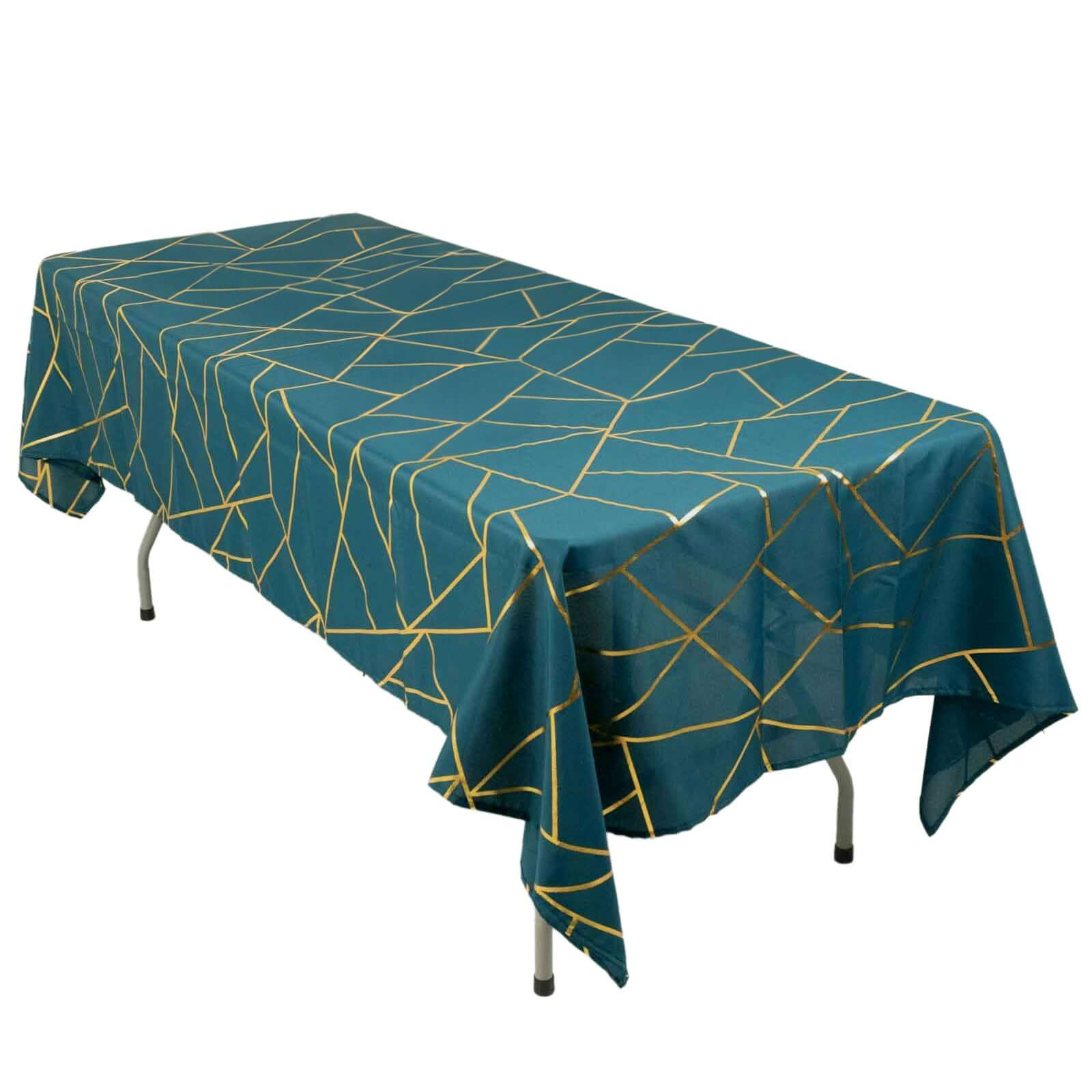 Wrinkle-Resistant & Durable Polyester Tablecloth: 60x102 Rectangle in Peacock Teal with Gold Foil Geometric Pattern