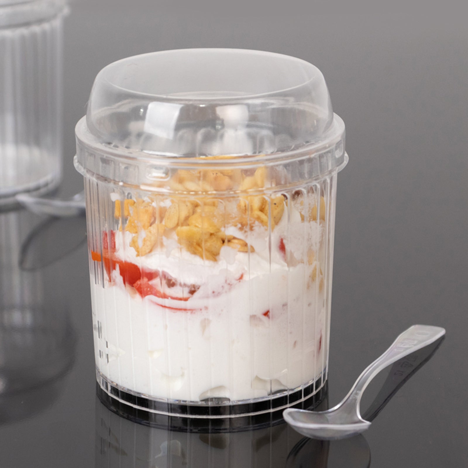 24-Pack 5oz Clear Ribbed Plastic Fruit Dessert Cups with Lid and Spoon - Ideal for Parfaits