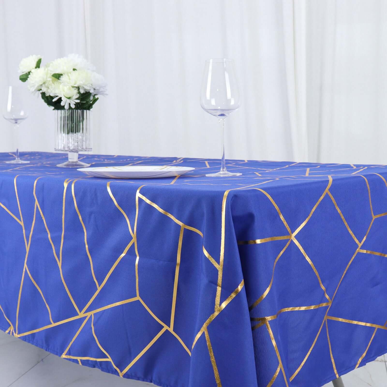 Wrinkle-Resistant & Durable Royal Blue Polyester Tablecloth with Gold Foil Geometric Pattern (60x102)