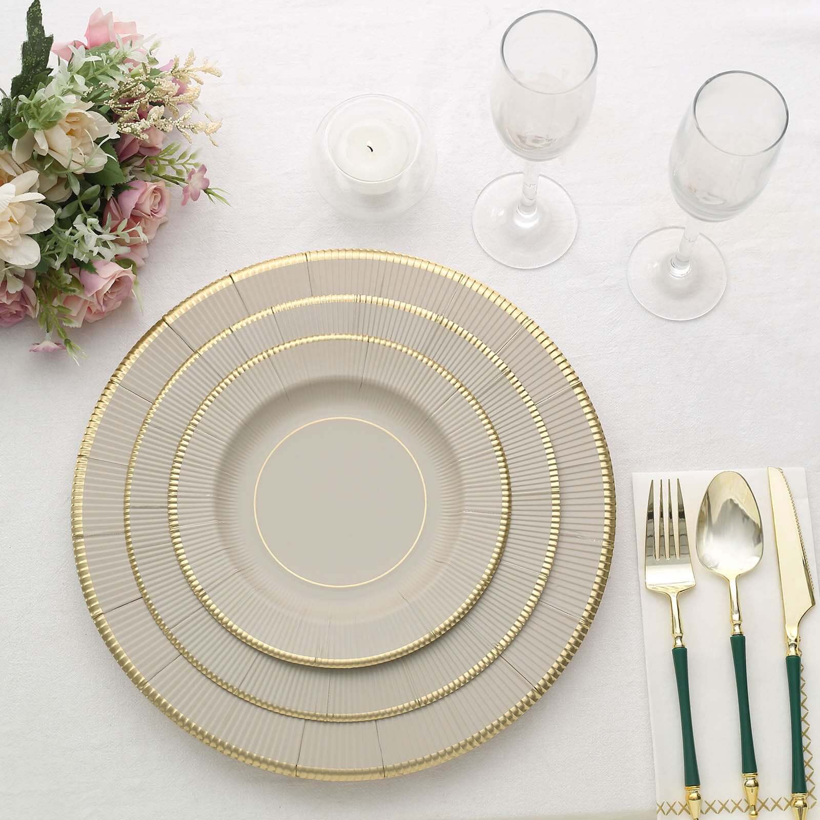 25-Piece Set of Disposable Heavy Duty 350GSM Paper Charger Plates in Taupe Sunray Design with Gold Rim, 13 Inches