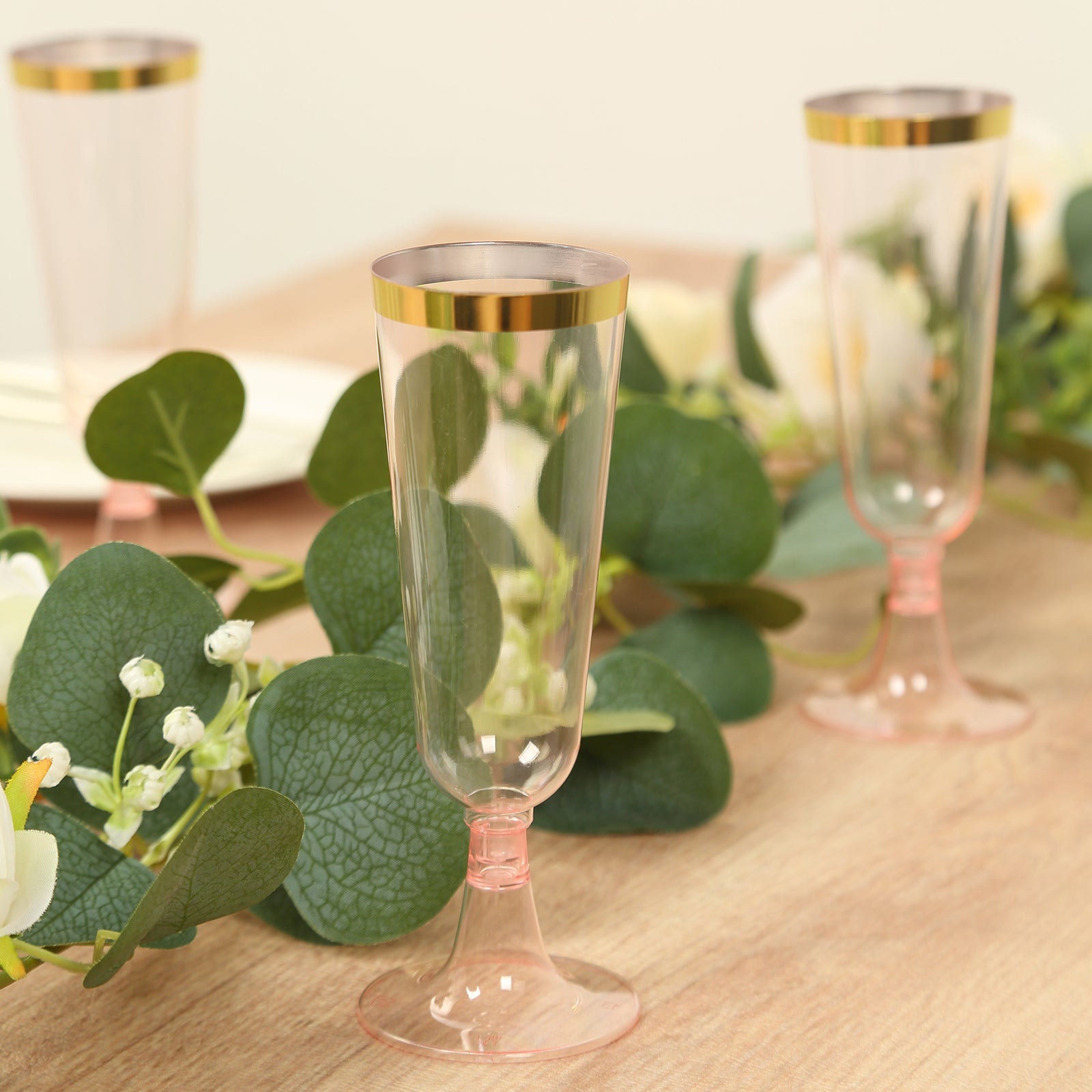 12-Pack Disposable 5oz Transparent Blush Plastic Champagne Flutes with Gold Rim for Parties